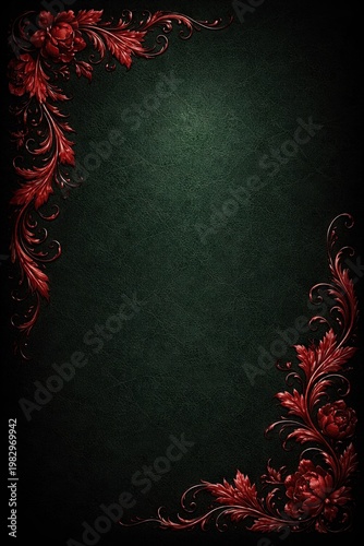 An elegant vertical frame with a dark green textured background, decorated with ornate red floral patterns and flourishes in the corners
