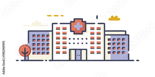 Flat cartoon illustration of a modern hospital building with a red medical cross and directional sign