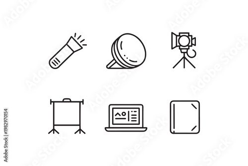 Bundle set collection black and white line of office supplies and tools