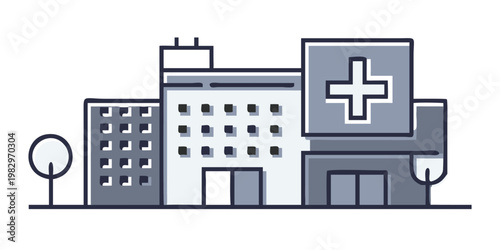 Modern hospital building illustration with medical cross and satellite dish for healthcare and emergency services icon