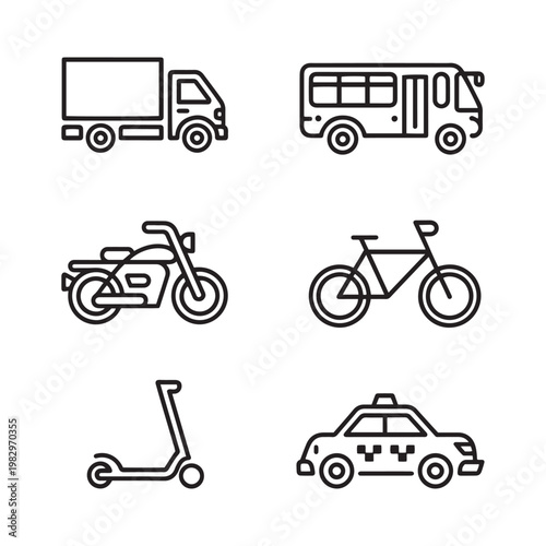 Bundle set collection black and white line of vehicles and bicycles
