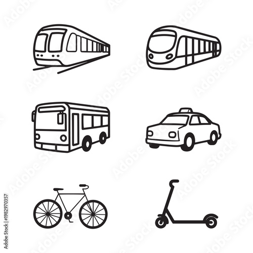 Bundle set collection black and white line of vintage cars bicycles and tricycle