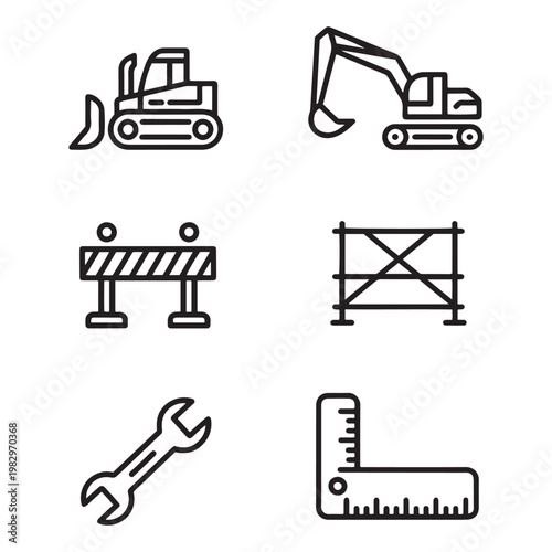 Bundle set collection black and white line of vehicles and furniture