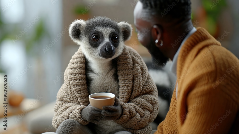 Fototapeta premium Lemur wearing cozy sweater sits with a man in a brown sweater, both enjoying a warm drink in a modern indoor setting with soft lighting and greenery