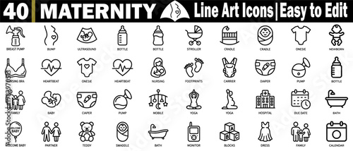 Maternity line art icons. Featuring breast pump, pregnancy bump, ultrasound, baby bottle, stroller, crib, onesie, newborn, nursing bra, and heartbeat, vector illustration.