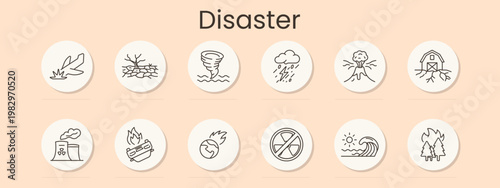 Disaster icon. Plane crash, drought, tornado, thunderstorm, earthquake, damaged house, nuclear plant, accident fire, burning planet, prohibition sign, tsunami wave, forest wildfire, natural hazard.