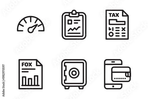 Business finance icon set, 6 black line vector icons for accounting and tax, financial report and banking symbols, digital payment and safe vault graphics