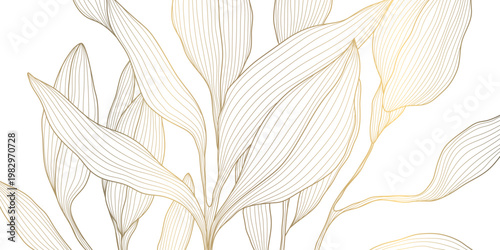 Luxury gold leaf pattern with elegant line floral elements background. Botanical vector illustration, Japanese ornament, Art Deco and Nouveau motif, spa branding, tea packaging, wedding.