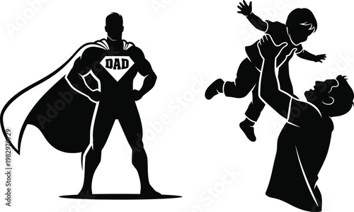 Father superhero concept and happy dad playing with his young child