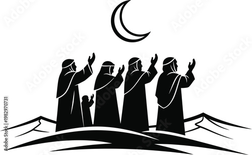 Islamic prayer silhouettes under crescent moon in desert environment