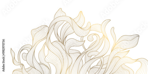 Luxury gold leaf pattern with elegant line floral elements background. Botanical vector illustration, Japanese ornament, Art Deco and Nouveau motif, spa branding, tea packaging, wedding.