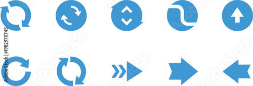 Set of ten vector arrows representing different directions and rotational movement