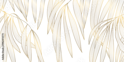 Luxury gold leaf pattern with elegant line floral elements background. Botanical vector illustration, Japanese ornament, Art Deco and Nouveau motif, spa branding, tea packaging, wedding.