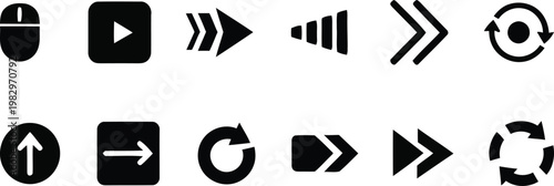 Set of ten vector black navigational arrows and interface icons