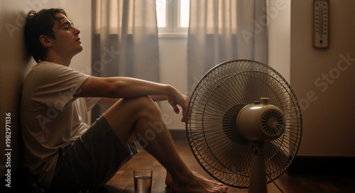 Young man suffering from a summer heatwave at home. Exhausted person sweating and cooling down with an electric fan during hot weather