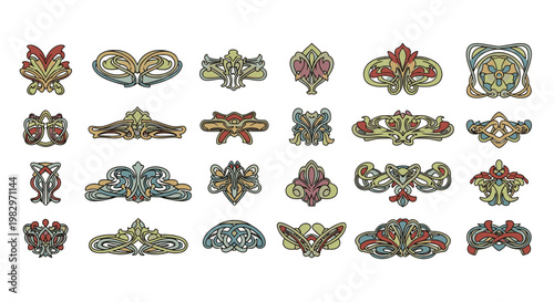 Art Nouveau Decorative Ornament Set with Vintage Floral Motifs and Secession Emblems for Classic Graphic Design Layouts