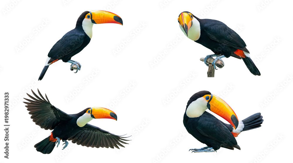 Fototapeta premium Four colorful toucans displaying various natural poses, isolated on a pristine transparent background for diverse.