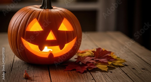 A carved halloween pumpkin with a spooky face glowing on a wooden table with autumn leaves