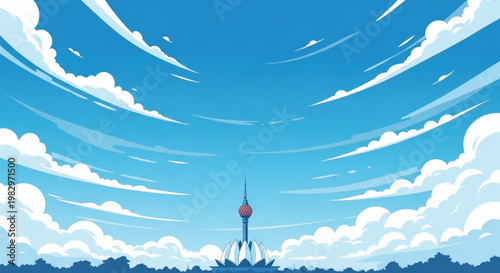 Lotus Tower Colombo Sri Lanka at Sunny Day with Blue Sky and White Clouds, Iconic Landmark of South Asia, Modern Architecture and Tourism Concept in Flat Vector Illustration Style EPS Background.