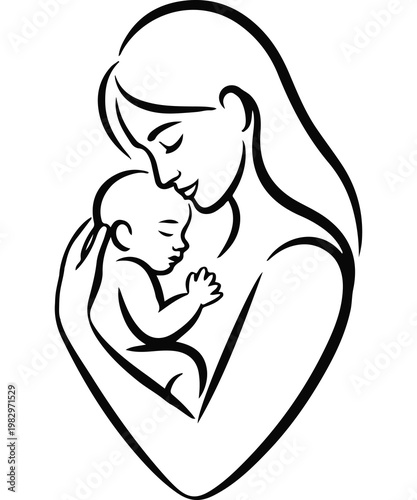 Mother and Baby Minimal Line Art PNG