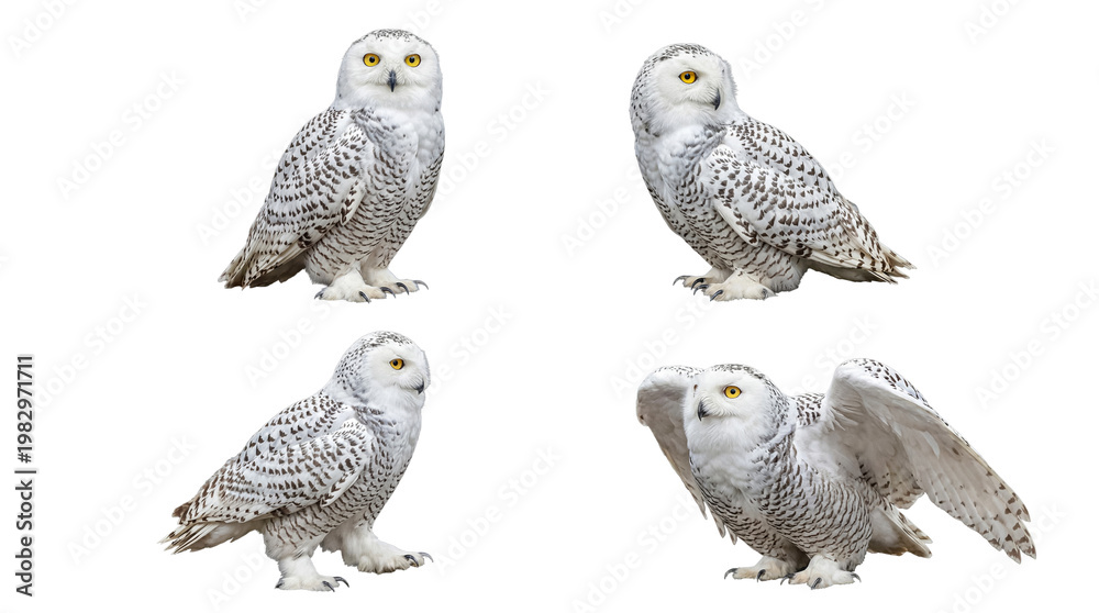 Fototapeta premium Four magnificent snowy owls displaying diverse natural behaviors.
