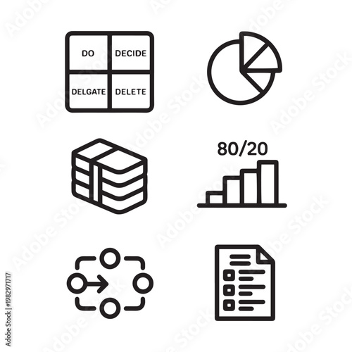 Productivity and time management icon set, business efficiency symbols including Eisenhower matrix and Pareto principle, black line vector icons