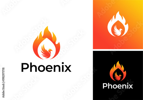 vector logo design of abstract icon of fire bird phoenix with drops on negative space