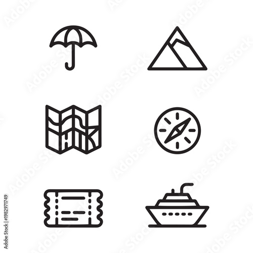 Minimalist travel icon set with 6 black line vectors, outdoor adventure and tourism symbols, mountain and cruise ship navigation elements