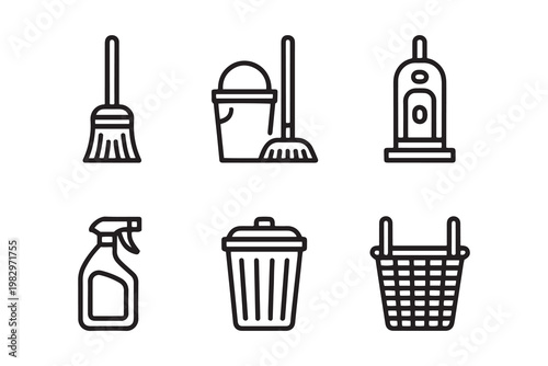 Minimalist cleaning service icons set, 6 linear vector elements for housekeeping. Black outline broom, bucket, vacuum, spray bottle, trash can, and laundry basket.