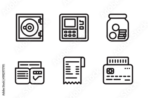 Banking and finance line icon set, 6 financial vector elements including ATM and safe, money management and payment symbols for business apps