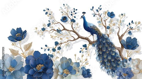 Interior wall mural design with peacock illustration isolated on the white background 