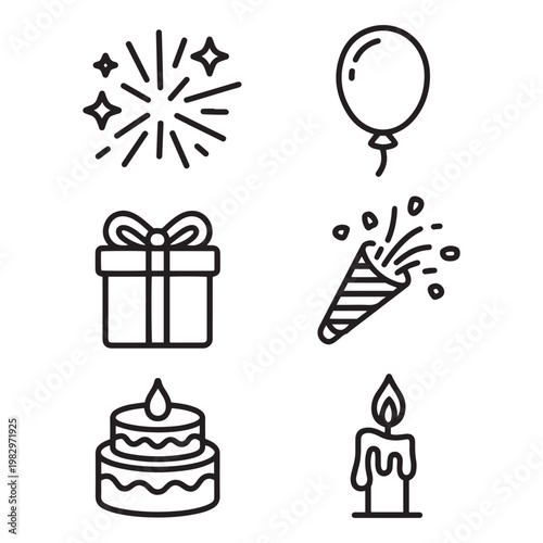 Birthday celebration line icons set, 6 party event vector elements, minimalist holiday symbols including cake, gift box, balloon and fireworks