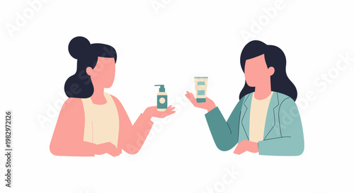 Two women comparing cosmetic products for beauty and skincare routine.