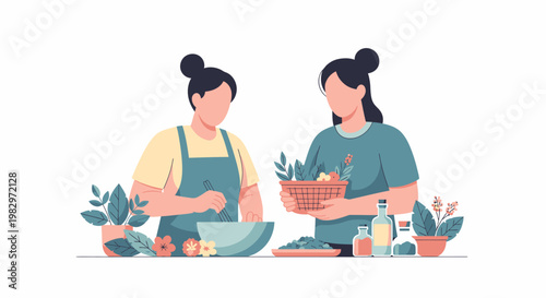 Two women cooking healthy food together in kitchen.