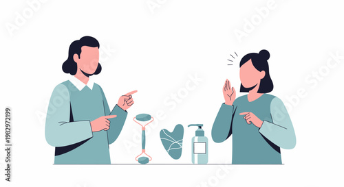 Two women discussing beauty routine with skincare tools.