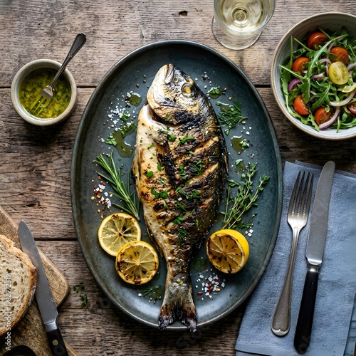 Grilled Branzino Fish with Lemon, Herbs, and Seasonings on a Dark Plate with Salad and Wine on a Wooden Table
