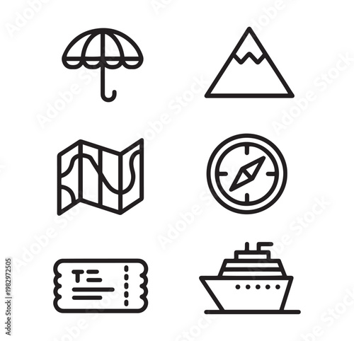 Minimalist travel icons set, 6 black line vector elements for tourism and vacation, navigation and adventure symbols on white background