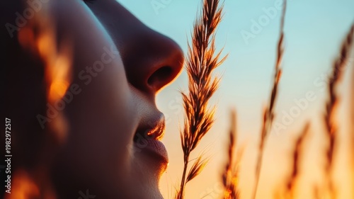 Woman s face in wheat field close up of a woman s serene face amidst a golden wheat field bathed in soft sunlight