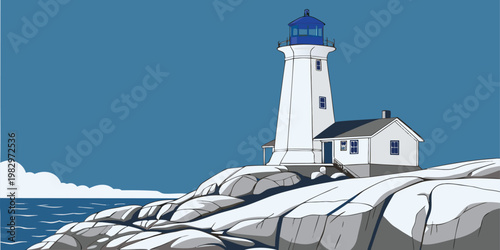 Stylized cartoon illustration of a white lighthouse and keeper house on rocky cliffs by the sea