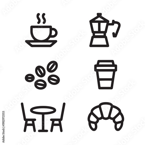 Minimalist coffee shop icon set, black line art cafe symbols, collection of 6 vector elements including espresso cup, moka pot, and croissant