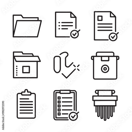 Minimalist document management icons, set of 9 linear office file vectors, professional business paperwork and folder symbols for web design