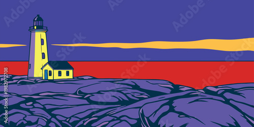Vibrant Flat Color Graphic Illustration of a Yellow Lighthouse on Dark Purple Rocks at Sunset