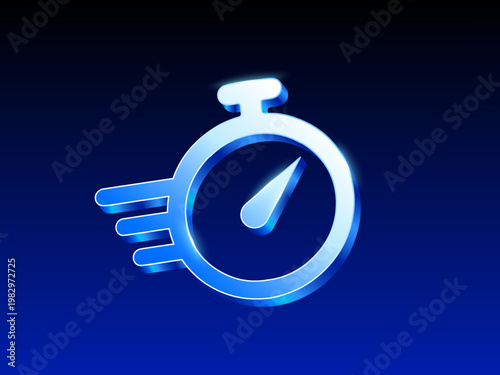 Blue gradient stopwatch icon with motion lines representing speed, fast performance, time management, quick delivery, and efficiency on a dark blue background. Vector illustration