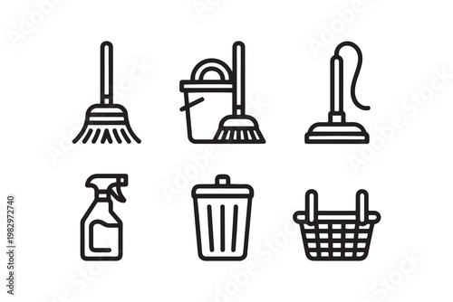 Cleaning service icons set, 6 linear vector elements for housekeeping and sanitation, black outline symbols of broom bucket vacuum and spray bottle