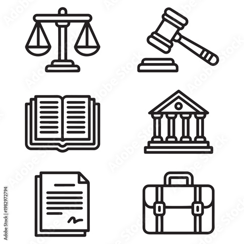 Law and justice icon set, 6 linear vector elements for legal services, courthouse scales and judge gavel symbols, professional attorney briefcase and document