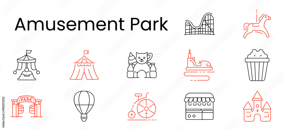 Fototapeta premium Amusement park set icon. Rollercoaster, horse, tent, kitty toy, bumpercar, popcorn, gate, balloon, bicycle, kiosk, castle, fairground, family, weekend, fun, attraction