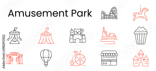 Amusement park set icon. Rollercoaster, horse, tent, kitty toy, bumpercar, popcorn, gate, balloon, bicycle, kiosk, castle, fairground, family, weekend, fun, attraction