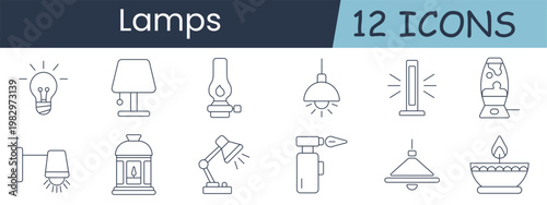 Lamps set icon. Bulb, tablelamp, kerosene, pendant, lightbar, lavalamp, walllight, lantern, desk, torch, ceiling, bowlcandle, illumination, interior, decor, electricity, home