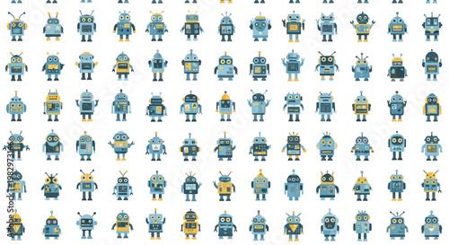 Collection of cute cartoon robots in various designs, technology concept