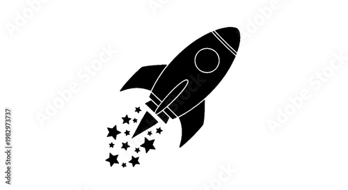 Vector illustration of black silhouette of a rocket ship launching with a trail of stars on a transparent background